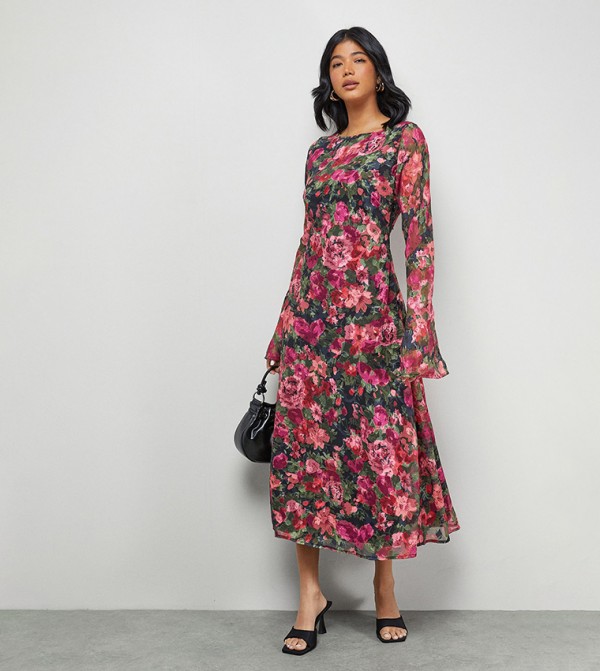 فستان ميدي شيفون بياقة سلاش 