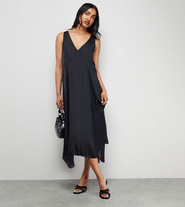 Satin Sleeveless Asymmetric Hem Chiffon Godet Midi Dress