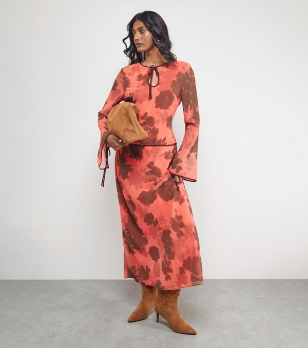 Georgette Keyhole Neck Tie Cuff Midaxi Dress