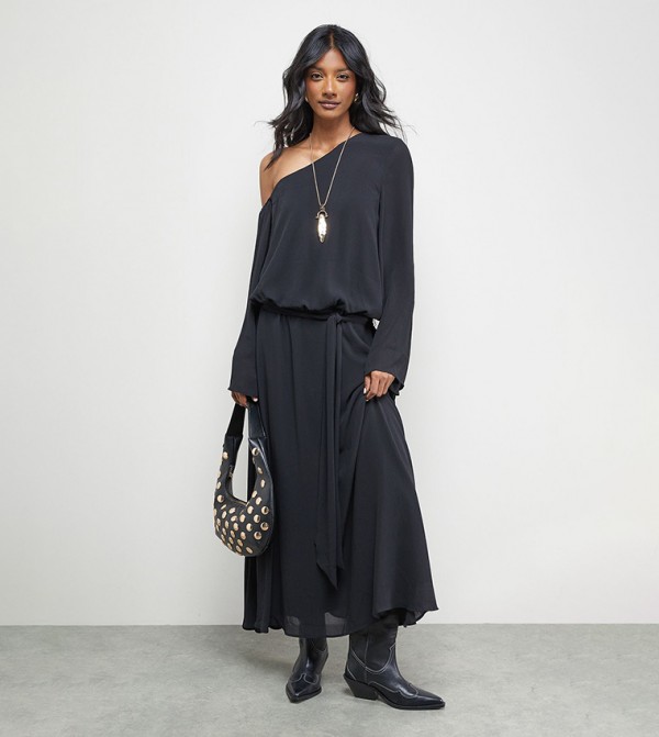 Crinkled Chiffon One Shoulder Drop Midaxi Dress