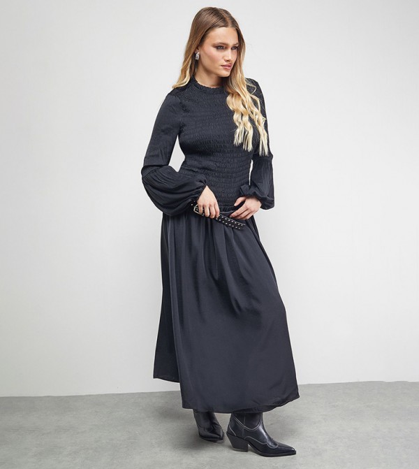 Satin Shirred Bodice Balloon Sleeves Midi Dress