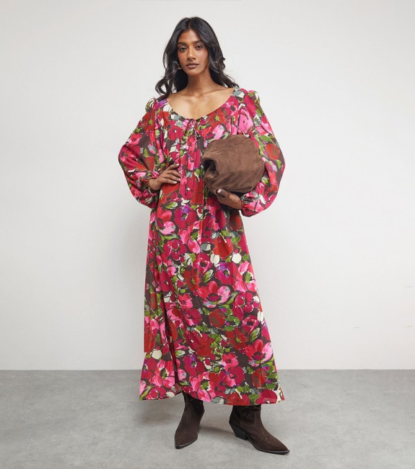 فستان ماكسي شيفون برباط أمامي وأكمام طويلة