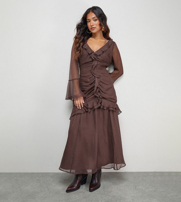 Petite Chiffon Ruffle Gathered Bodice Midaxi Dress