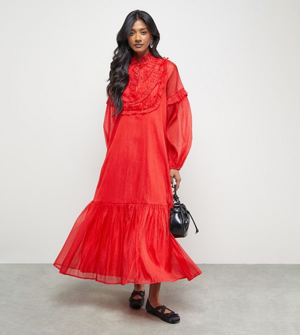Premium Crinkled Organza Frill Pleat Detail Midaxi Dress