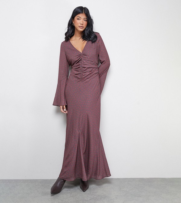 Premium Georgette Ruched Flares Sleeves Maxi Dress