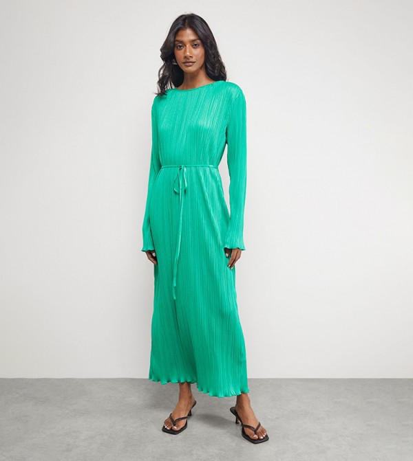 Plisse Belted Column Midi Dress