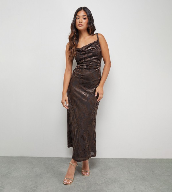 Petite Devore Twist Cowl Neck Bias Midi Slip Dress