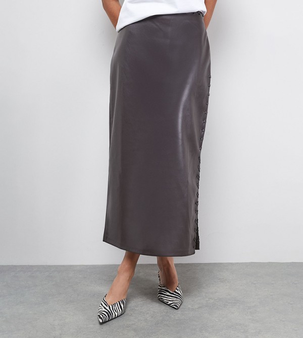 Faux Leather Whipstitch Detail Midi Skirt