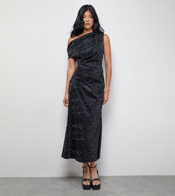 Faux Crinkled Leather Ruched Waist Midaxi Dress
