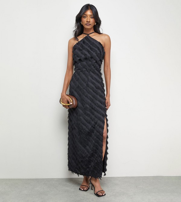 Diagonal Fluffy Halterneck Maxi Dress