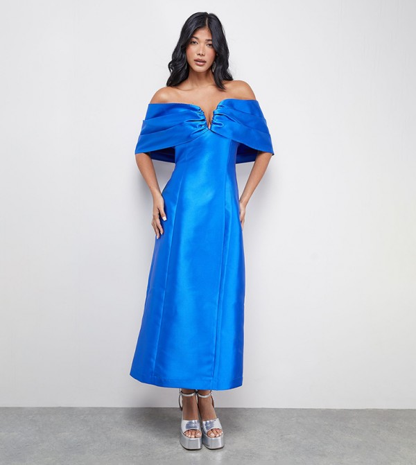 Satin Twill Notch Front Bardot Midi Dress