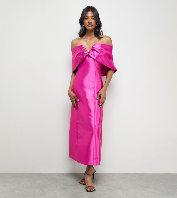 Satin Twill Notch Front Bardot Midi Dress