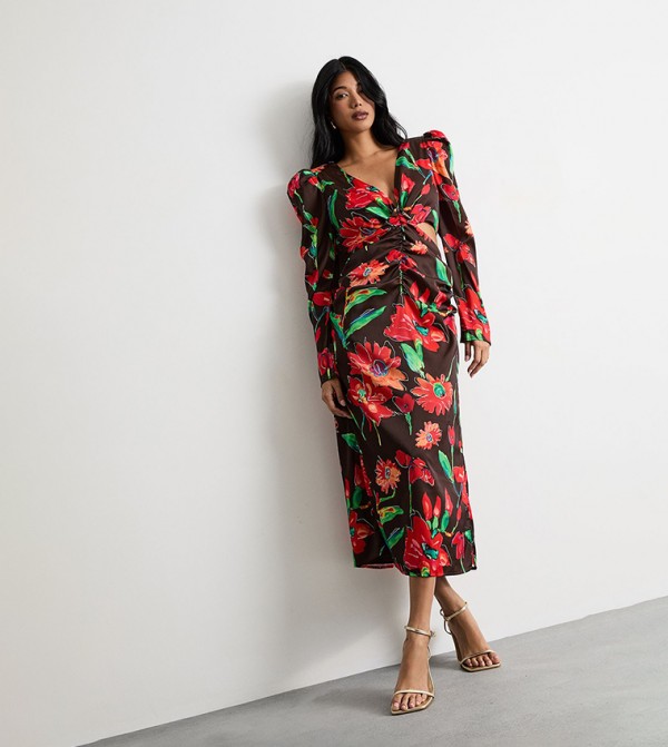 Printed Satin Cut Out Waist Plunge Neck Midi Dress