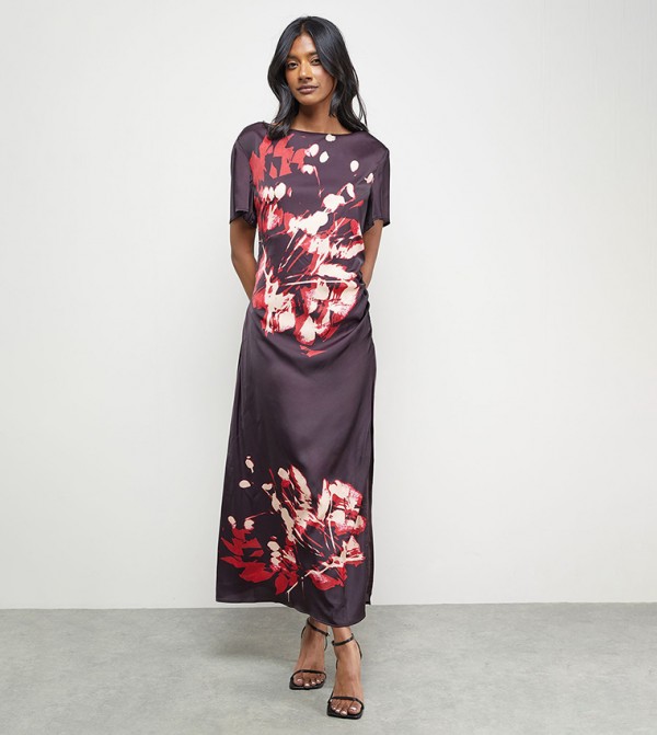 Placement Print Crinkle Satin Ruched Midi Dress