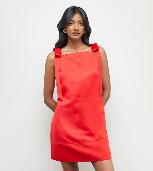 Structured Satin Tie Shoulder Mini Dress