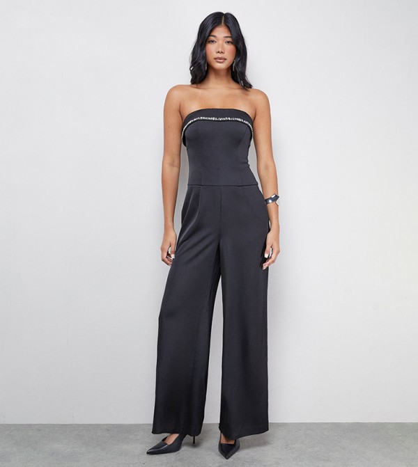 Gem Embellished Satin Bandeau Jumpsuit
