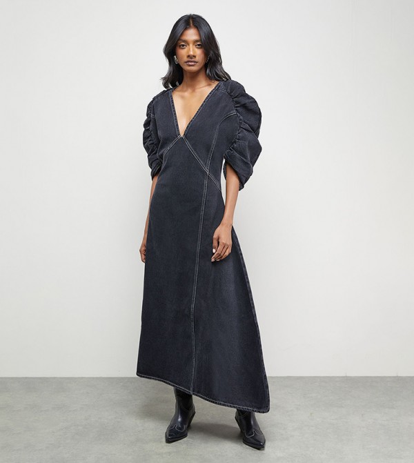 Gathered Shoulder Seam Detail Denim Midi Dress