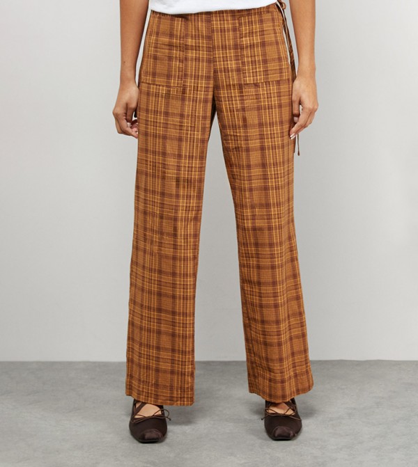 Plaid Mid Rise Tie Side Pocket Trousers