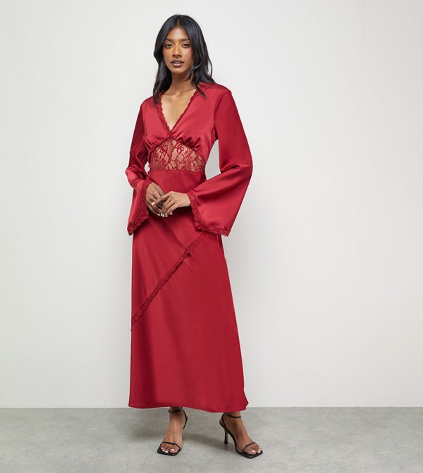Satin Lace Detail Flared Sleeves Maxi Dress