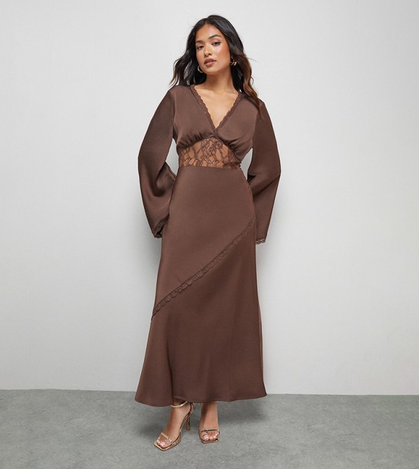 Petite Satin Lace Detail Flared Sleeves Maxi Dress