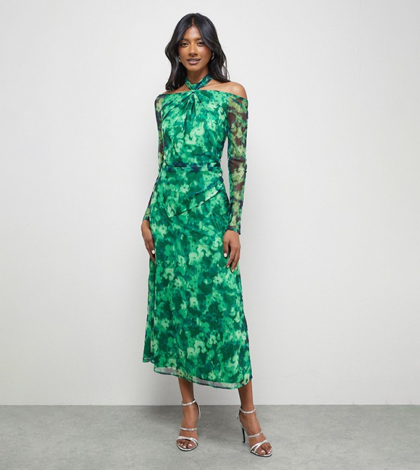 Printed Twist Mesh Midi Dress