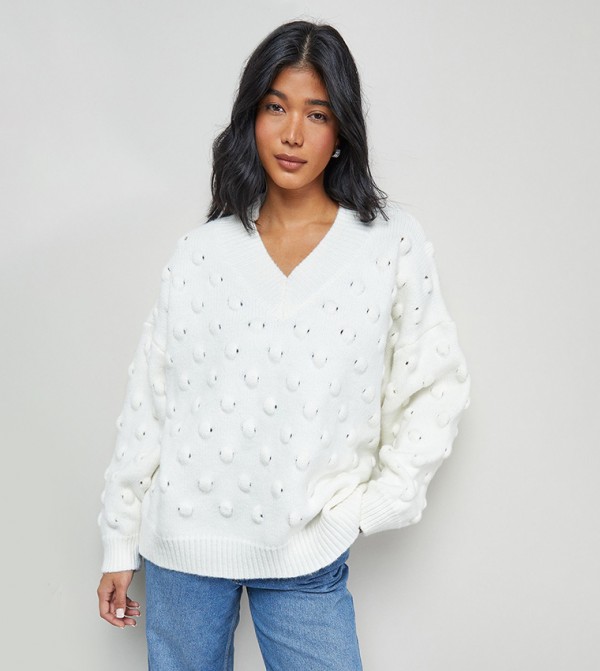 Bubble Knit Slouchy V-Neck Sweater
