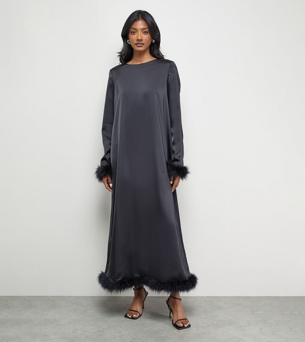 Premium Satin Feather High Neck Swing Midi Dress