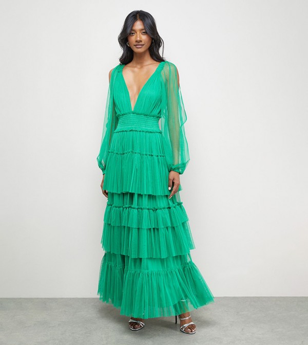 فستان ماكسي تول كم طويل وخصر مزموم