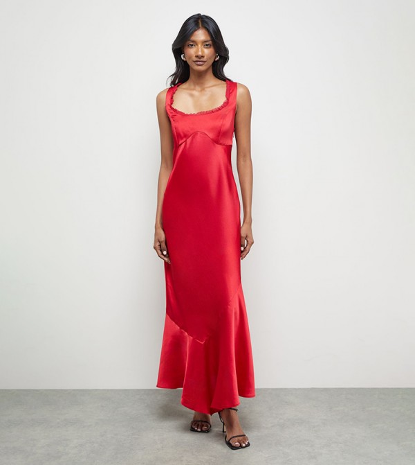 Premium Viscose Satin Raw Edge Asymmetric Maxi Slip Dress