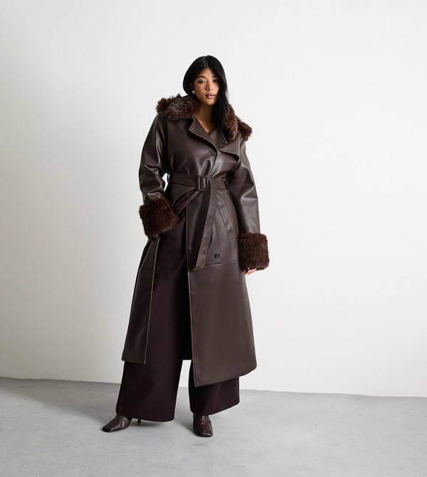 PU Belted Faux Fur Collar Trench Coat