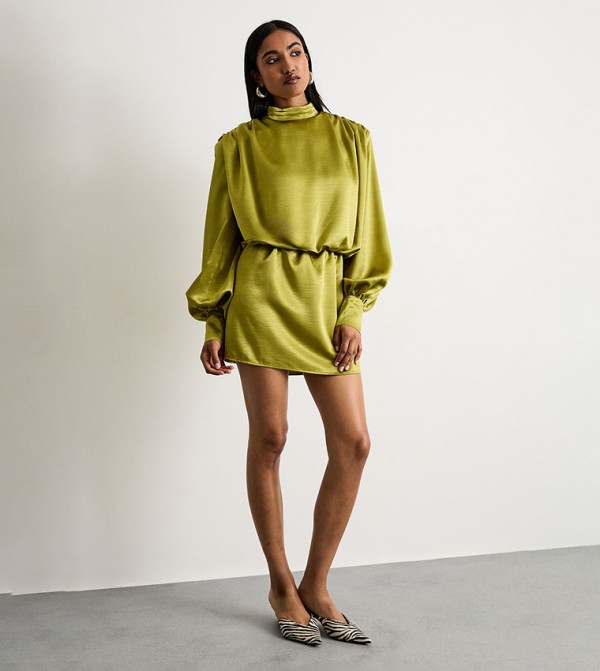 Extreme Shoulder Draped Satin Mini Dress