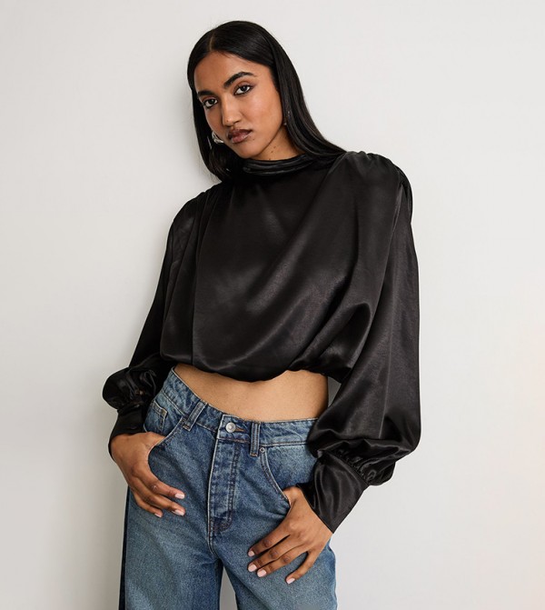 Extreme Shoulder Ruched Satin Crop Top