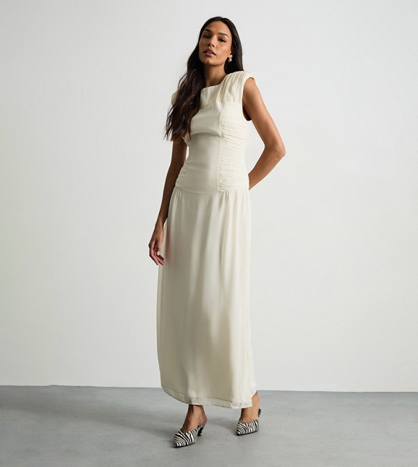 Ruched Waist Sleeveless Shoulder Pad Detail Maxi Dress