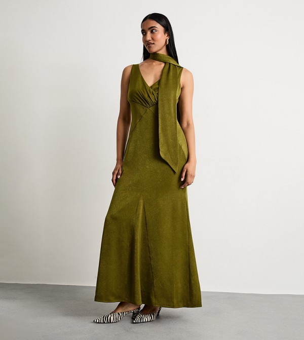 Plain Scarf Detail Tie Neck Maxi Dress