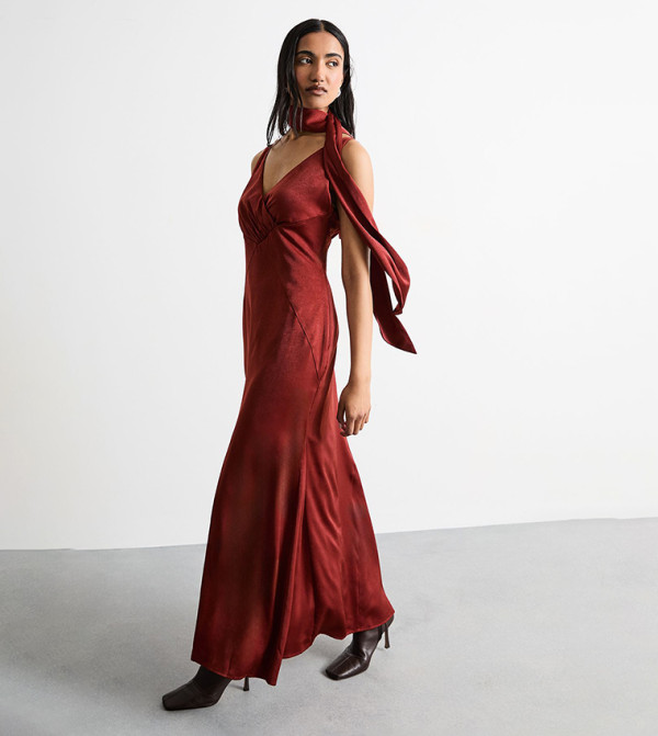 Plain Scarf Detail Tie Neck Maxi Dress