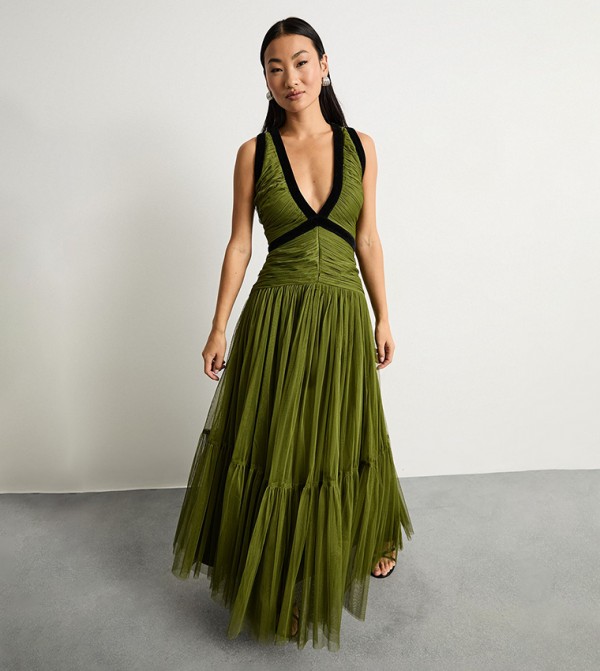 Petite Velvet Trim Tulle Maxi Dress