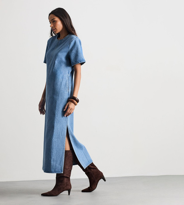 Short Sleeves Side Split Denim Midi Dress