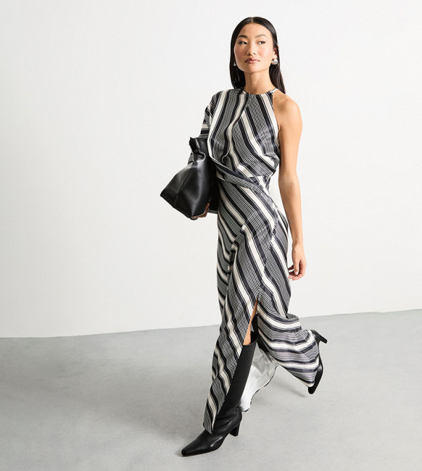 Petite Striped Twist Front Keyhole Satin Maxi Dress