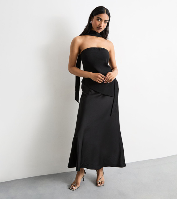 Strapless Structured Bodice Satin Midi Dress