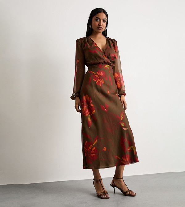 Printed Shoulder Pad V-Neck Tie Detail Midi Dress