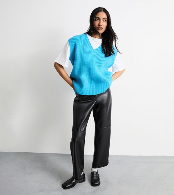 Faux Leather Whipstitch Detail Straight Fit Trousers