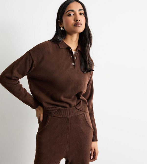 Knitted Button Up Polo Neck Sweater