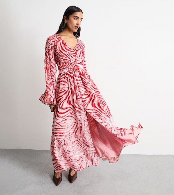 Burnout Velvet Plunge Neck Flared Sleeves Belted Maxi Dress