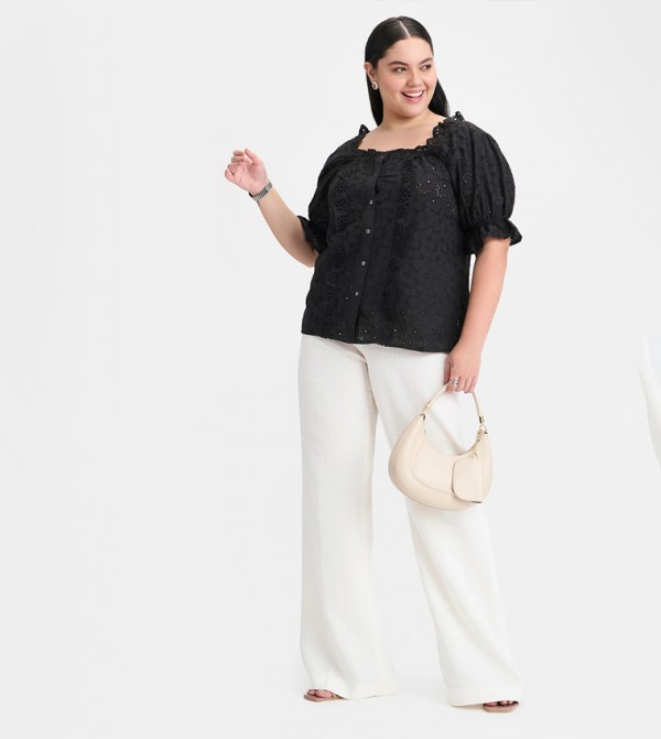 Embroidered Cotton Puff Sleeves Lace Top