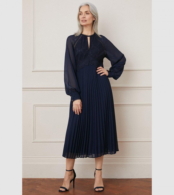 Lace Insert Pleated Midi Dress