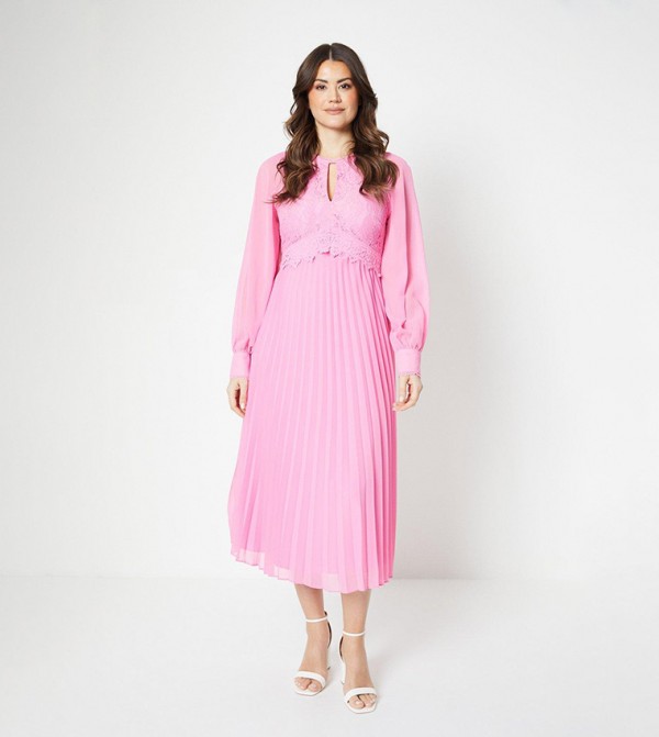 Lace Insert Pleated Midi Dress