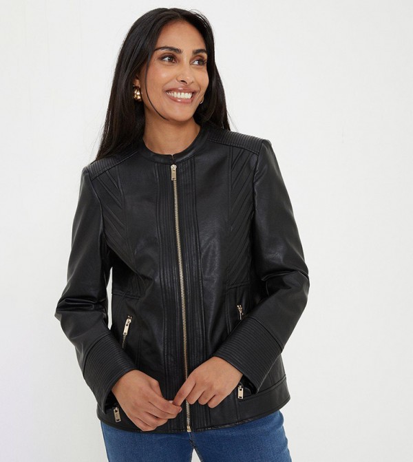 Black Faux Leather Seam Detail Jacket