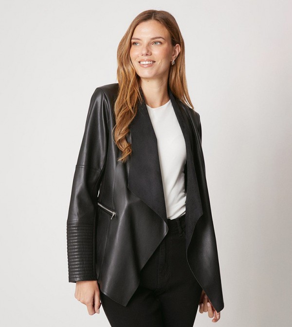 Buy Wallis Black Faux Leather Waterfall Jacket In Black | 6thStreet UAE