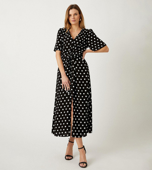 Topshop spot print tie waisted midi shirt dress in mono