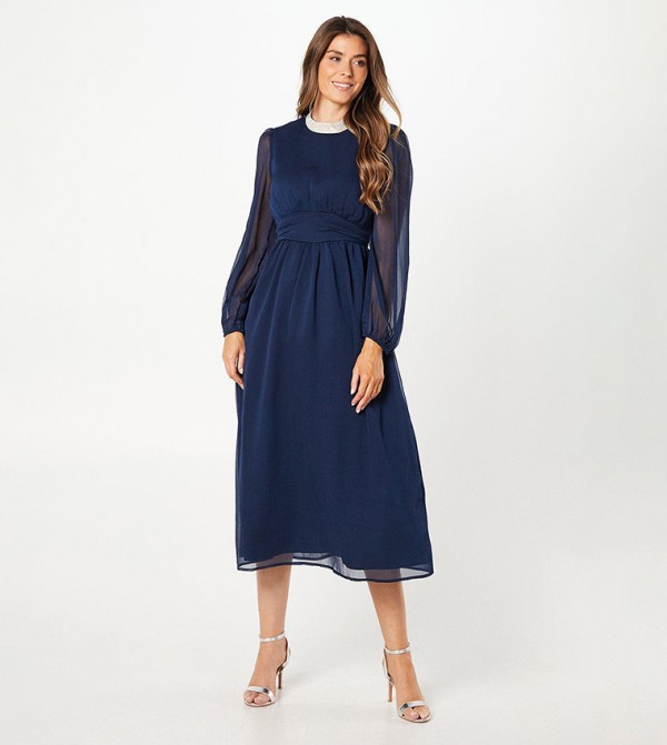 Foil Trim Gathered Waist Midi Dress